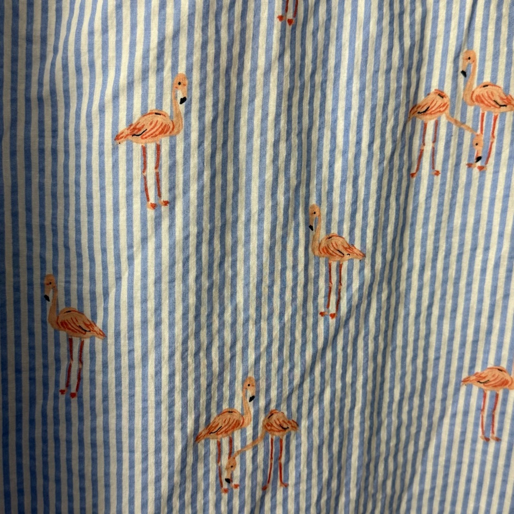 Chico’s Flamingo Stripe Button Down Shirt Size 2 L Blue White Cotton Tropical - Picture 6 of 7